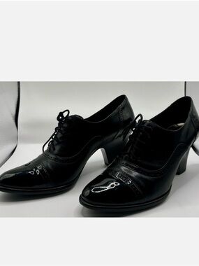 Via Spiga Black Leather & Patent Brogue Oxford Heels 8.5